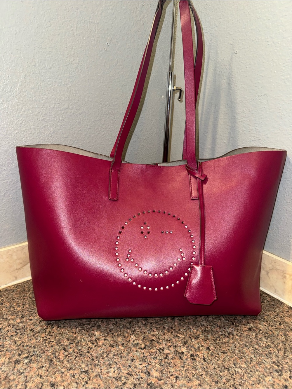 Women’s Fuchsia Leather Tote Bag with Studded Smile Detail